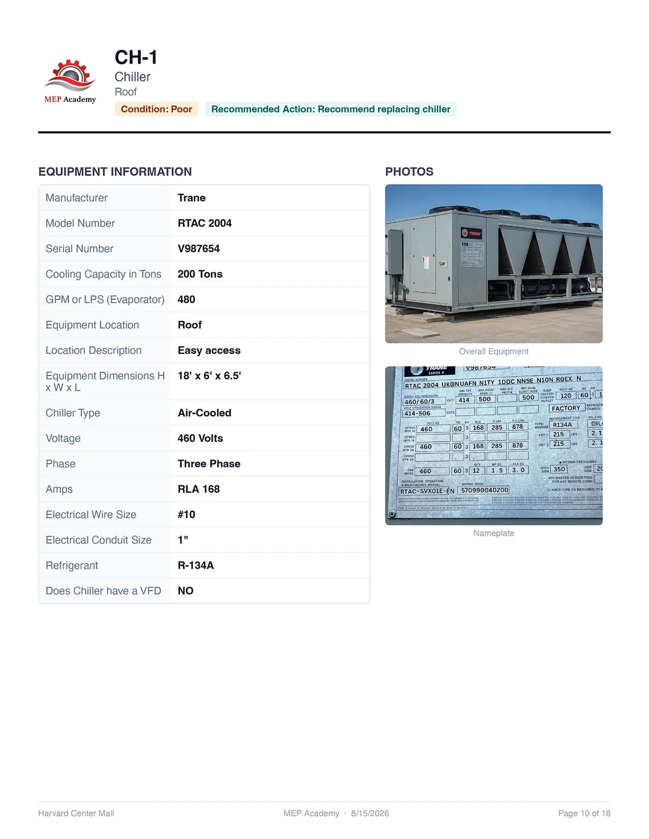 Job Walk Pro sample air-cooled chiller equipment report page