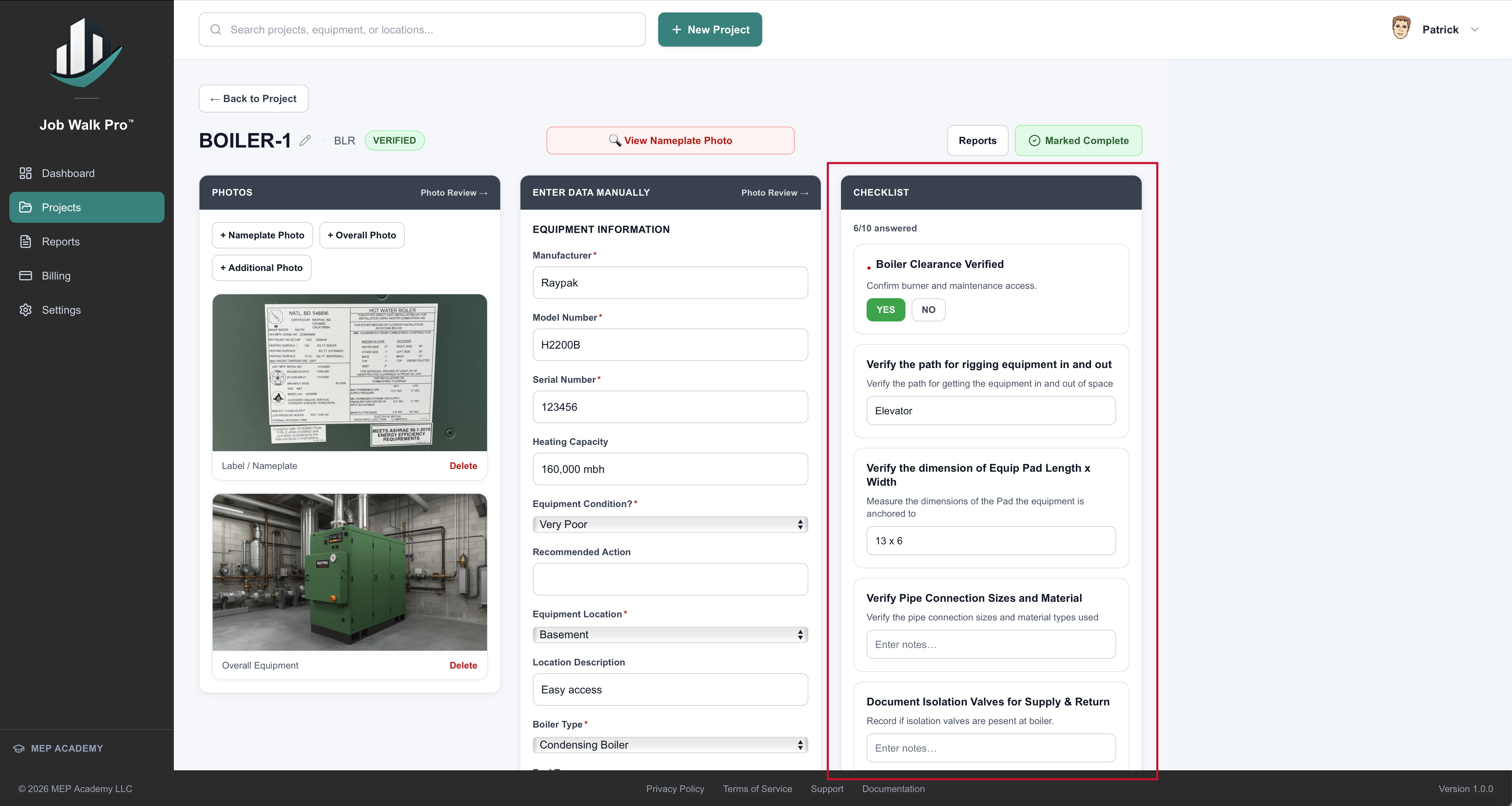 Equipment Checklist Screen