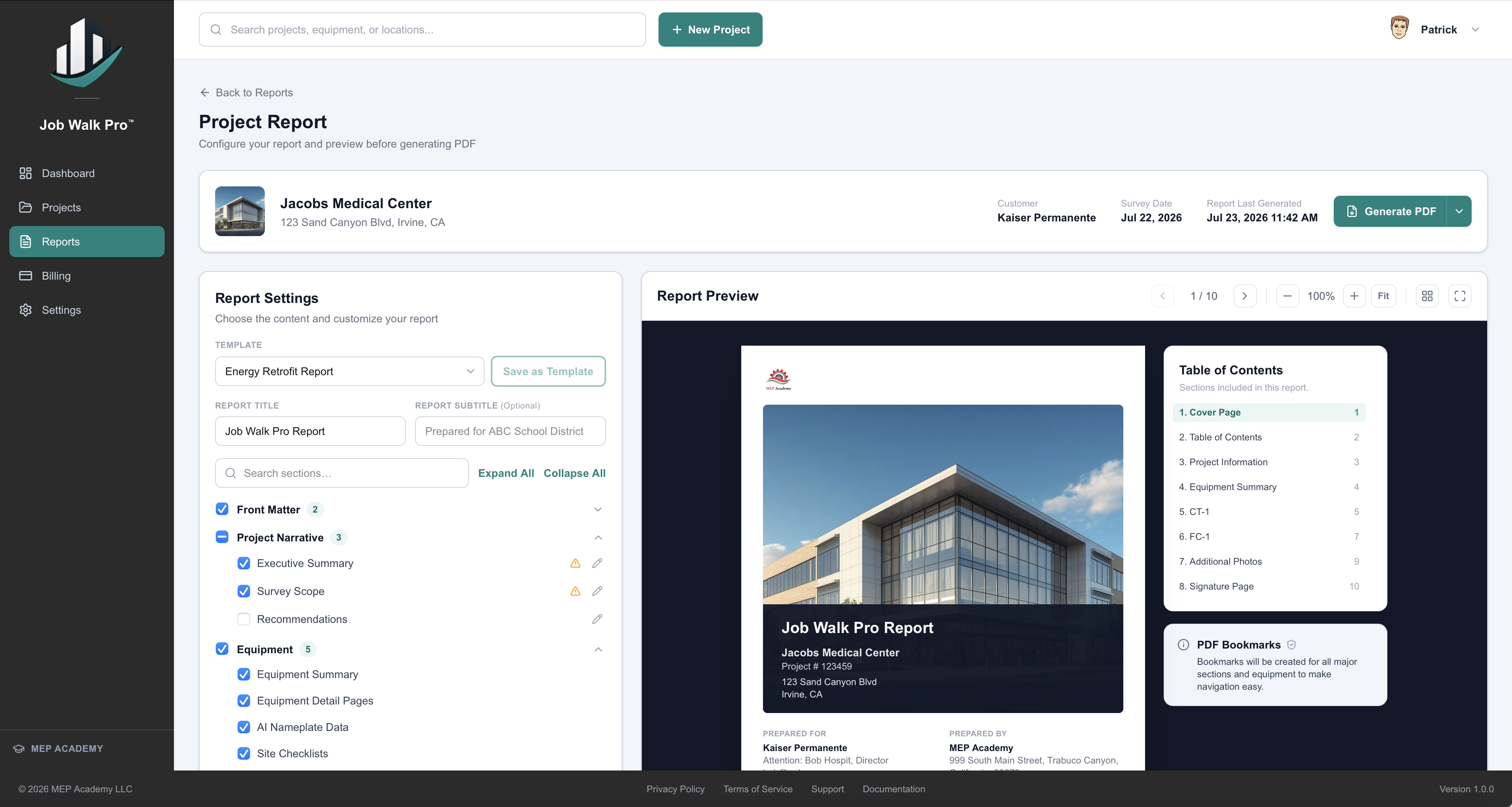 Generate Report Screen