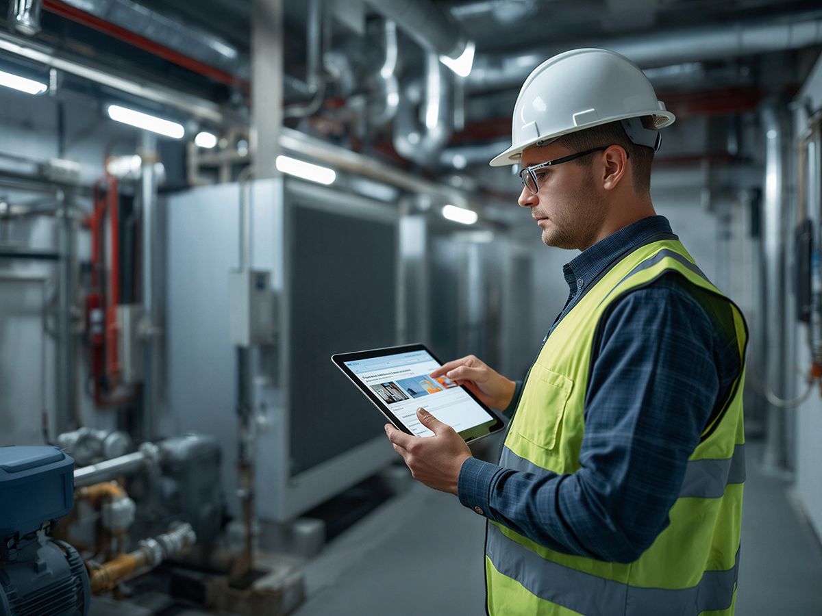 Engineers reviewing technical equipment documentation