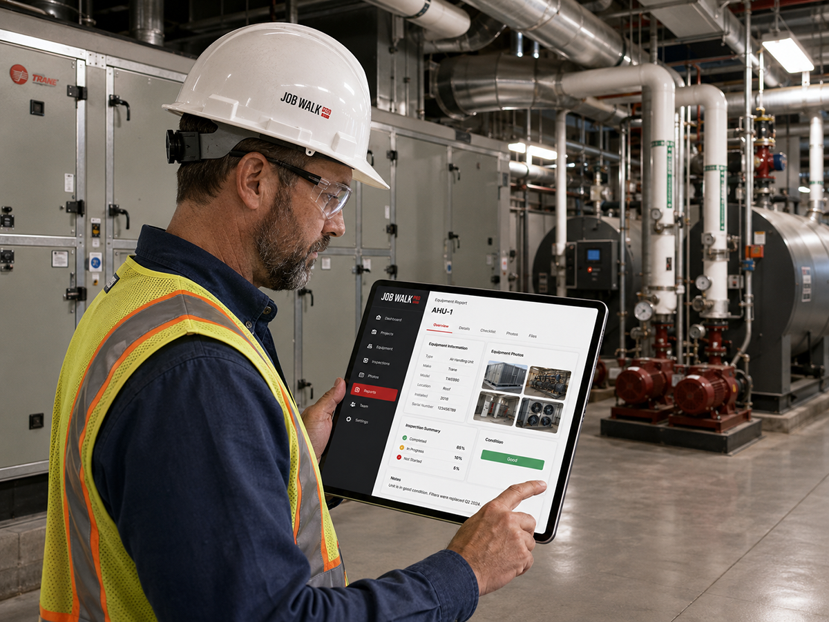 HVAC professionals in a commercial mechanical environment using a mobile device