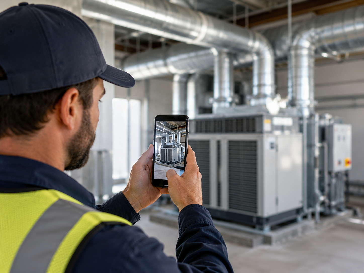 Field technician holding a mobile phone while photographing a rooftop HVAC unit